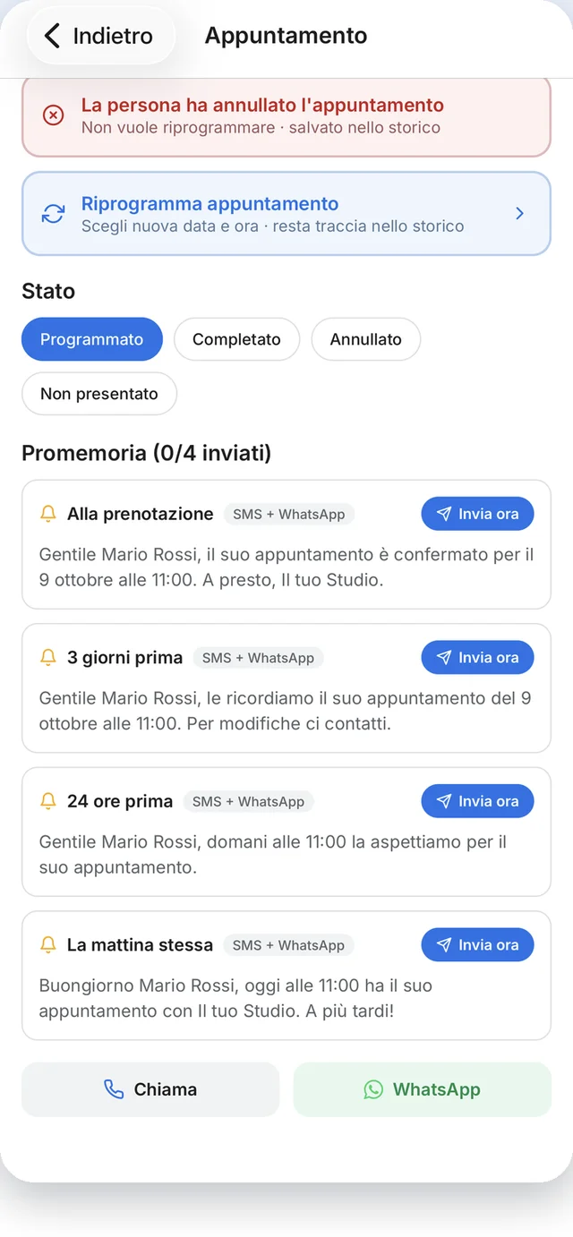 Appuntamento annullato con il pulsante Riprogramma
